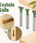 Game Changing Keyhole Router Bits Set Built Tough With Badass Tungsten Carbide Tips And Quarter Inch Shank for T Slotting shown with keyhole knife.