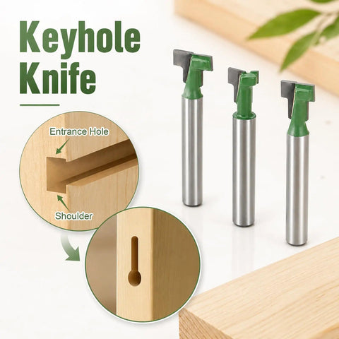 Game Changing Keyhole Router Bits Set Built Tough With Badass Tungsten Carbide Tips And Quarter Inch Shank for T Slotting shown with keyhole knife.