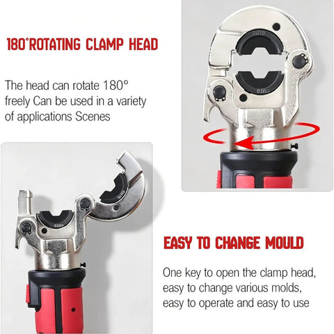 Close-up of 6 Ton Electric Hydraulic Crimping Tool Rechargeable Cordless Terminal Pliers clamp head with 180° rotation feature.