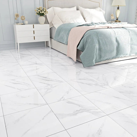 White Marble Peel And Stick Floor Tiles 12x12 Self Adhesive Waterproof Vinyl Flooring For Bedroom shown in stylish decor