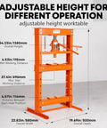 Heavy Duty H Frame Shop Press With 20 Ton Capacity And Adjustable Bench Table dimensions and height adjustments for versatile use.