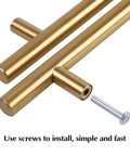 Close-up of black gold 6 inch T shaped bar cabinet pulls with screw, part of 8 pack stainless steel handles, 96mm hole center, hollow construction.