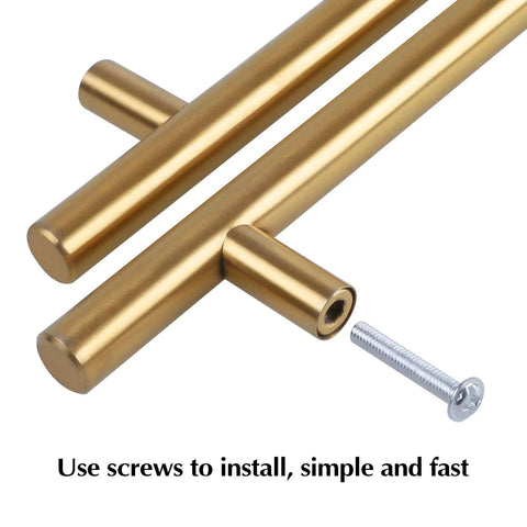 Close-up of black gold 6 inch T shaped bar cabinet pulls with screw, part of 8 pack stainless steel handles, 96mm hole center, hollow construction.