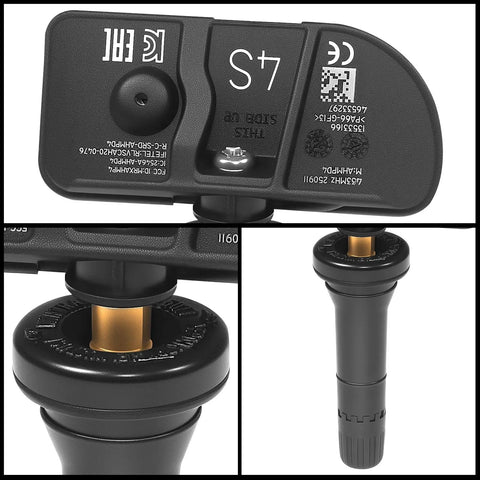 Preprogrammed 433 Mhz Tire Pressure Sensor Part Number 13533166 showing detailed view of sensor and valve stem for Chevy and GMC.