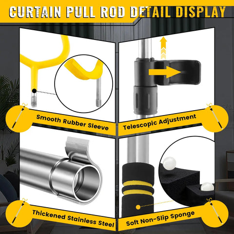Telescoping Drapery Pull Rod 36 To 63 Inches, Heavy Duty Stainless Steel Curtain Wand With Soft Sponge Grip, Lightweight Extension Pole For Curtains, Black And Yellow, shown with telescopic adjustment