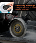 Five Eighths Inch Eleven UNC Threads Angle Grinder Flange Nut in use with 5 inch grinder, showcasing tool-free installation.