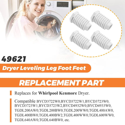 Dryer Leveling Feet Set 49621 AP4295805 Replacement for Whirlpool and Kenmore Dryers, 1.8-inch threaded plastic feet, pack of 4.