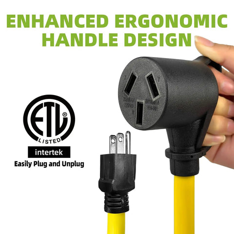 Nema 5 15P To 10 50R Electric Vehicle Charging Adapter Cord 15 Amp Max with ergonomic handle for easy plugging.
