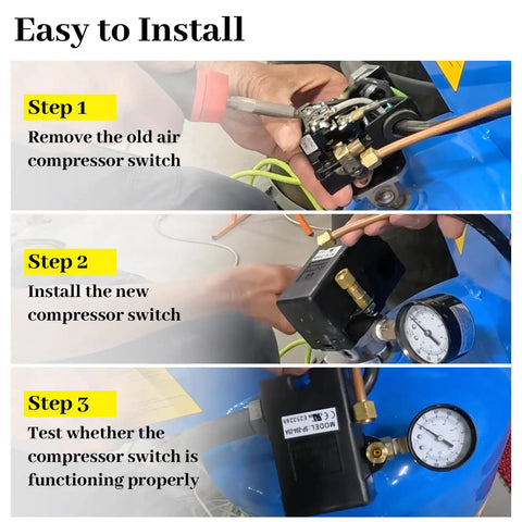 Installation steps for Pressure Switch For Two Stage Air Compressor Five To Seven And A Half HP 135 To 175 PSI With Unloader And Four Port On Off Lever Fits 2475 2545 2340 7100 Reciprocating Models