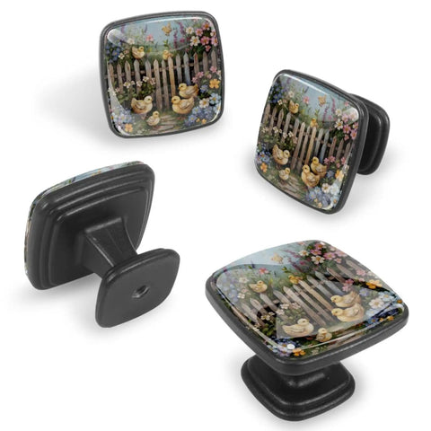 4 Pack Square Cabinet Knobs With Spring Flowers Chicks Fence Drawer Handles Single Hole Easy Install Cabinet Hardware