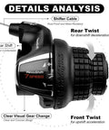 7 Speed Right Twist Shifter Lever for mountain bike details analysis with gear shift, rear and front twist, shifter cable, labeling