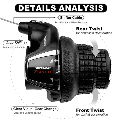 7 Speed Right Twist Shifter Lever for mountain bike details analysis with gear shift, rear and front twist, shifter cable, labeling