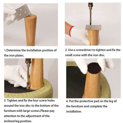 Steps to install Round Solid Wood Furniture Legs 6 Inch Replacement Set Of 4 For Sofa Couch Bed Coffee Table Modern Mid Century Style Walnut Finish.