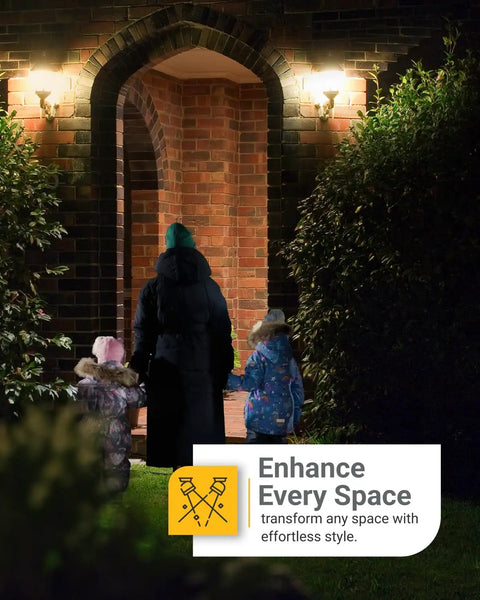 People approaching a porch lit by Six Pack Dusk To Dawn LED B11 Filament Candelabra Bulbs For Outdoor Porch Lighting with E12 Base