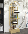 Sleek O Shape Floor Standing Wine Rack With Glass Shelves Boss Level Industrial Storage For Home Bars And Kitchens Kickback Ready Stemware Display Unit Heavy Duty Design That Gets The Job Done with golden frame and glass shelves.