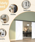 Low Profile 12 Foot Double Barn Door Hardware Kit In Aluminum Alloy Box Rail Track For Wooden Doors Smooth Silent Sliding With Shock Absorbing Rollers Noiseless Operation Easy To Install Black Finish Hardware Only installed in a living room setting with labeled spaces including kitchen, bathroom, bedroom, and laundry.