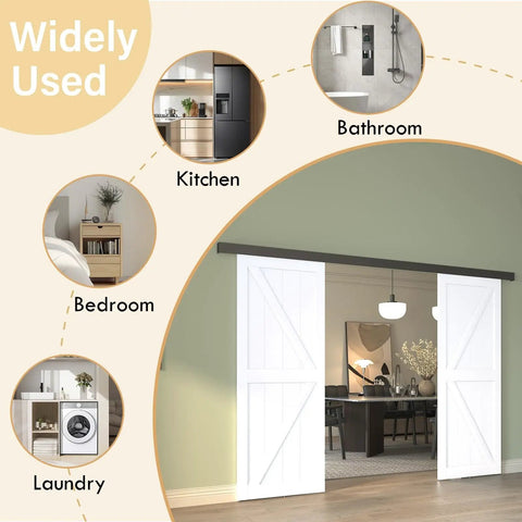 Low Profile 12 Foot Double Barn Door Hardware Kit In Aluminum Alloy Box Rail Track For Wooden Doors Smooth Silent Sliding With Shock Absorbing Rollers Noiseless Operation Easy To Install Black Finish Hardware Only installed in a living room setting with labeled spaces including kitchen, bathroom, bedroom, and laundry.