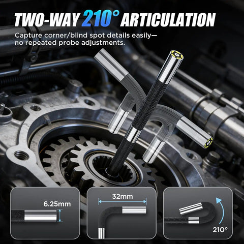 Two-Way 210 Degree Articulating Borescope Endoscope With Light 1080P Mechanic Inspection Tool showing articulation in engine