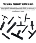 115-piece car vacuum hose connector set with Tee, straight and reducer adapters in black nylon for automotive use.