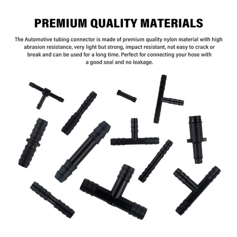 115-piece car vacuum hose connector set with Tee, straight and reducer adapters in black nylon for automotive use.