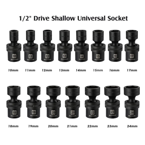 Beefy Fifteen Piece Half Inch Drive Shallow Universal Impact Socket Set With Flexible Wobble Swivel 6 Point Metric Sockets