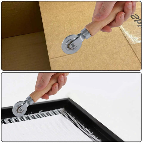 Double End Box Scoring Tool With Dual Rollers For Cardboard And Metal Sheets, shown creasing cardboard and mesh surface.