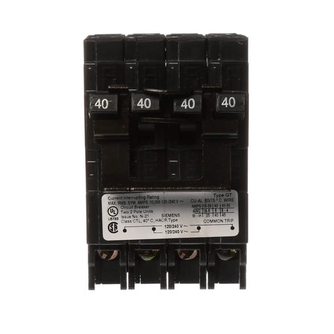Two 40 Amp Double Pole Quadplex Plug In Circuit Breaker For Space Saving Panels UL Listed Half Inch Frame Dual Pole Protection