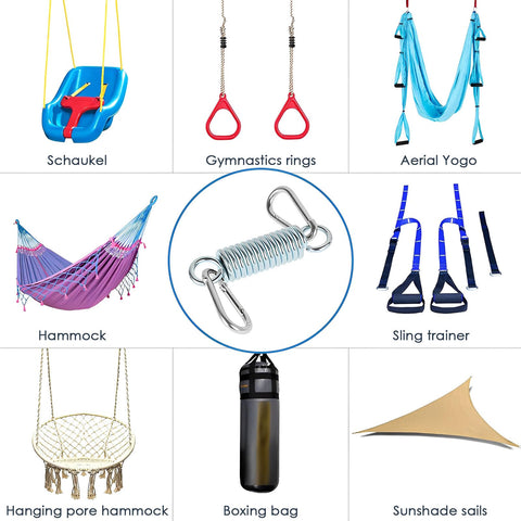 Heavy Duty 2 Pack Porch Swing Springs Set For Garden Hammocks And Hanging Chairs, Stainless Steel Kit with various applications shown