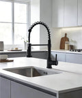 Black Kitchen Faucet With Pull Down Sprayer, High Arc Spring, 304 Stainless Steel, Single Handle, in modern kitchen setting