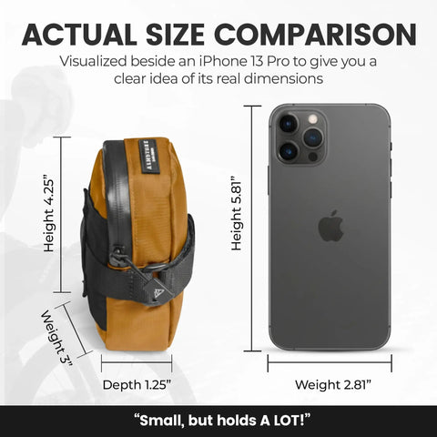 Compact Under Seat Bike Saddle Bag 0.3L Small Midnight Black Water Resistant Ripstop With Waterproof Zipper next to iPhone 13 Pro