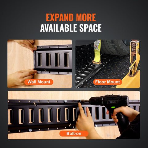 Mounting of 5 Foot E Track Tie Down Rail Kit With 18 Pieces, Heavy Duty 2000 Lb Load Capacity For Cargo And Motors in wall, floor, and bolted installations.