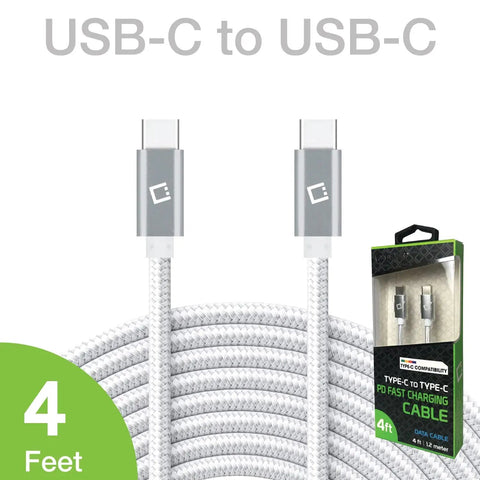 Dual USB C PD 60W Fast Charging Cable With 5Gbps Data Transfer For Power Delivery High Capacity Charging For Mobile Devices Tablets And More Black Ultra Durable Braided Cable, 4 ft braided USB-C to USB-C cable in white