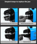 Heavy Duty JY-16M Pneumatic Wire Crimping Tool With Rock Solid 2.3 Ton Force steps for jaw replacement on a compact design.