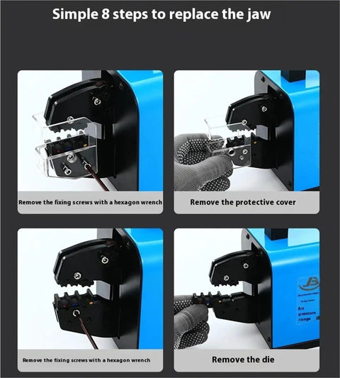 Heavy Duty JY-16M Pneumatic Wire Crimping Tool With Rock Solid 2.3 Ton Force steps for jaw replacement on a compact design.