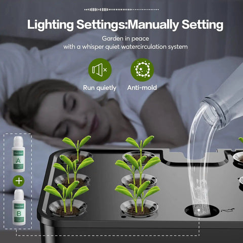 12 Pod Hydroponics Growing System With LED Grow Light For Indoor Garden with seedlings and water being added