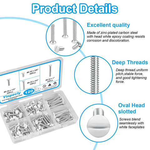 Premium White Wall Plate Screw Assortment 120 Pack Heavy Duty Carbon Steel Outlet And Switch Cover Fasteners, assorted sizes in container.