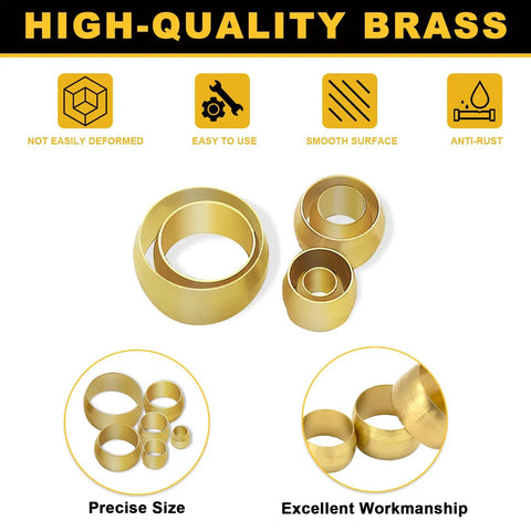 Set of brass compression sleeve ferrules in 228 Piece Brass Compression Sleeve Ferrule Kit For One Eighth To One Half Inch Tubing