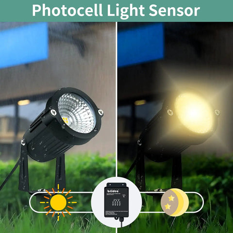 Outdoor Low Voltage Transformer 60W 120V AC to 12V DC for Landscape Lights shown with photocell sensor and countdown timer feature