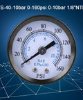 Compact Pressure Gauge With One Eighth NPT Thread, 0 To 160 Psi And 0 To 10 Bar, 40mm dial, metal case displayed