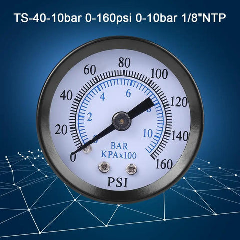 Compact Pressure Gauge With One Eighth NPT Thread, 0 To 160 Psi And 0 To 10 Bar, 40mm dial, metal case displayed