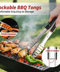 Heavy Duty 4 Piece Barbecue Tools Set With Stainless Steel Spatula Fork And Tongs Plus Free Portable Storage Bag For Outdoor Grilling Boss Grade Gear Gift For Men Dad Camp Chef featuring lockable tongs gripping sausage over grill