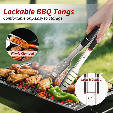 Heavy Duty 4 Piece Barbecue Tools Set With Stainless Steel Spatula Fork And Tongs Plus Free Portable Storage Bag For Outdoor Grilling Boss Grade Gear Gift For Men Dad Camp Chef featuring lockable tongs gripping sausage over grill