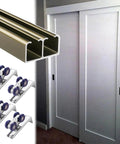 Premium Aluminum Sliding Barn Door Hardware Kit With Pocket Track And Rollers, Double Door Bypass System installed