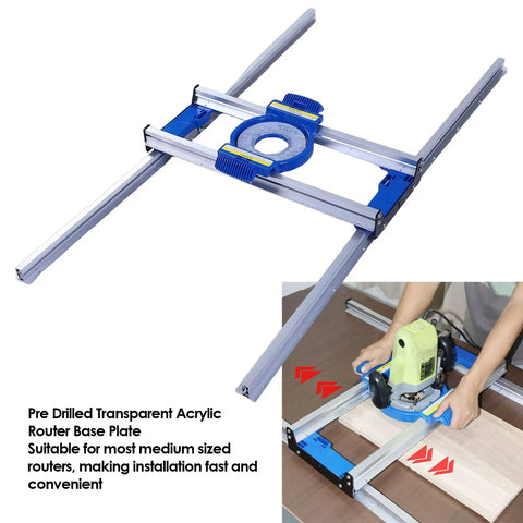 Router Sled Aluminum Alloy Woodworking Planer Jig With Precise Guide Rail And Low Friction Slider shown flat and in use