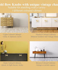 Gold bow knobs installed on various colored cabinets, showcasing versatility of Two Piece Gold Bow Knob Set For Dresser Cabinets And Cupboards Vintage Metal Hardware For Kitchen And Bedroom Decor Decorative Gold Bow Pulls With Solid Brass Construction For Long Lasting Durability And Easy Cabinet Update.