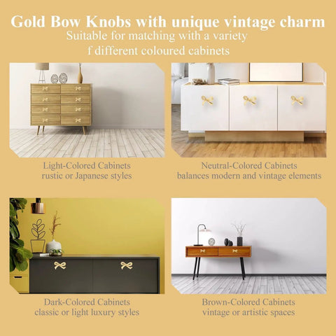 Gold bow knobs installed on various colored cabinets, showcasing versatility of Two Piece Gold Bow Knob Set For Dresser Cabinets And Cupboards Vintage Metal Hardware For Kitchen And Bedroom Decor Decorative Gold Bow Pulls With Solid Brass Construction For Long Lasting Durability And Easy Cabinet Update.