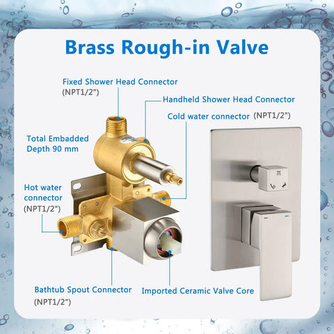 Brass Rough-In Valve with connectors for Shower Faucet Set With Waterfall Tub Spout And Rainfall Head Wall Mounted 10 Inch Rain Shower System