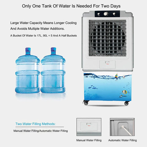 High Capacity Evaporative Air Cooler With A Massive 90 Liter Water Tank And Three Quick Speeds showing two water bottles and cooler.