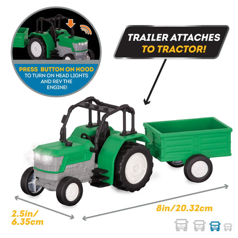 7-Inch Tractor Toy With Lights And Sounds, Movable Parts And Detachable Trailer With Rear Hatch, diagram showing size and features