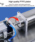 Close-up of Slick Stainless Steel Pneumatic Piston Bottle Filler Machine Dual Head Automatic Manual Mode Liquid Dispenser with PTFE piston.